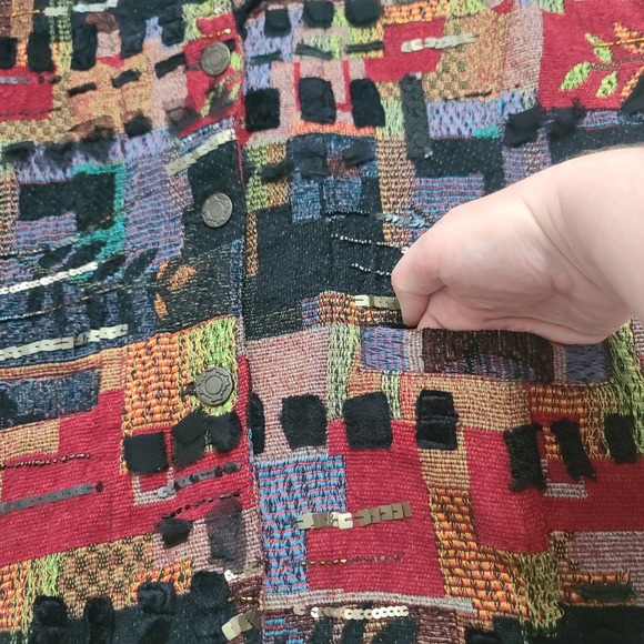 Chicos Jacket Tapestry Embellished Red Black Orange 2 Large Art to Wear Pockets - Picture 9 of 13